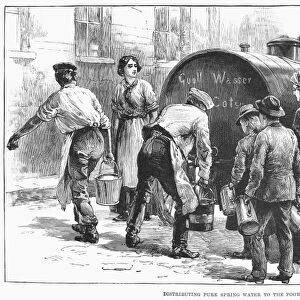 Distributing spring water to the poor during the cholera epedemic in Hamburg, Germany, 1892. Line engraving from a contemporray English newspaper