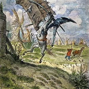 DON QUIXOTE charging full-tilt at a windmill, imagining it to be a giant, with disastrous result as Sancho Panza, right, watches. Colored engraving after Gustave Dor