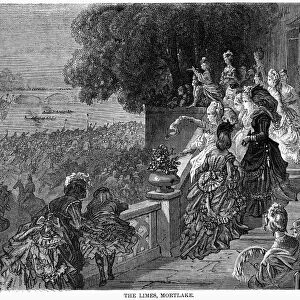 DORE: LONDON: 1872. The Limes, Mortlake. Spectators watching a boat race on the Thames River