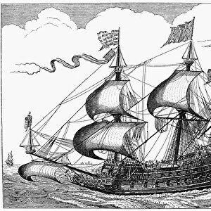 DUTCH WARSHIP. A 16th century Dutch warship. Line engraving by Claes Jansz Visscher
