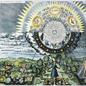 EARTH / UNIVERSE ALLEGORY. An allegorical representation of the microcosm, or Earth, and the macrocosm, or the universe: German engraving, 1618