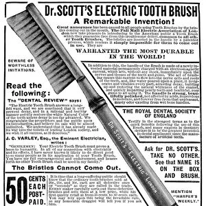 ELECTRIC TOOTHBRUSH, 1882. Dr. Scotts Electric Toothbrush. American advertisement