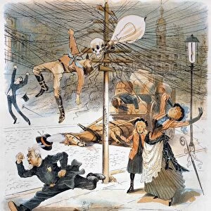 ELECTRICITY CARTOON, 1889. An American cartoon of 1889 on the new dangers posed by overhead electrical wiring on city streets