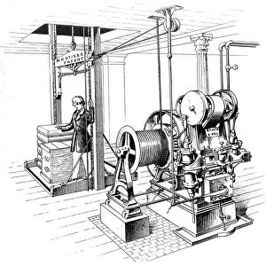 ELEVATOR, 1862. The Otis Patent Hoisting Engine, first installed in the A. T. Stewart Store, later Wanamakers, in New York City: line engraving, 1862