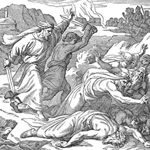 ELIJAH (9th CENTURY B. C. ). Hebrew prophet. Elijah slaughtering the prophets of Baal (I Kings 18: 40). Line engraving, 19th century