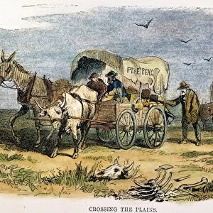 EMIGRANT PARTY, 1859. A weary and dispirited emigrant party crossing the plains. Colored engraving, 1859
