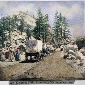 EMIGRANT TRAIN, 1866. Going east through the Strawberry Valley in the Sierra Nevada