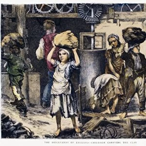 ENGLAND: CHILD LABOR, 1871. Child laborers carrying clay in an English brickyard. Wood engraving, English, 1871