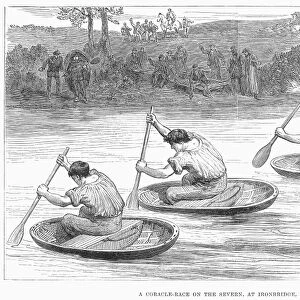 ENGLAND: CORACLE RACE, 1881. A coracle race on the Severn River, at Ironbridge, Shropshire. Wood engraving, English, 1881