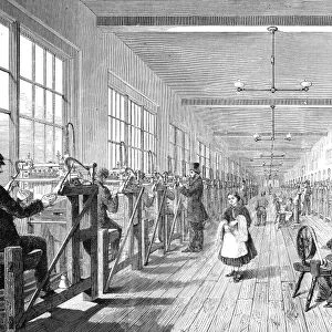 ENGLAND: TEXTILE MILL. One of Robert Owens model textile mills at Tewkesbury, England, with work rules prominently dispayed on the walls. Wood engraving, from a French newspaper of 1860. Wood engraving, French, 1860