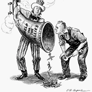 English cartoon by Ernest Howard Shepard from Punch, 19 June 1940, satirizing the paltry amount of aid being offered to the Allies in World War II by President Franklin Delano Roosevelt and Uncle Sam