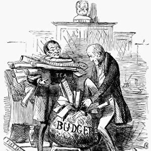 ENGLISH TAX CARTOON, 1848. Lord John and the Chancellor of the Exchequer packing