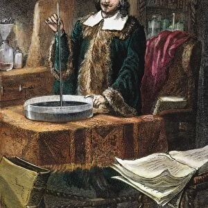 EVANGELISTA TORRICELLI (1608-47), Italian mathematician and physicist, inventing the barometer. Colored engraving, 19th century