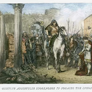 FALL OF ROME, 476. Romulus Augustulus (b. 461?), last Roman emperor of the West, deposed by Odoacer in 476. Wood engraving, 19th century