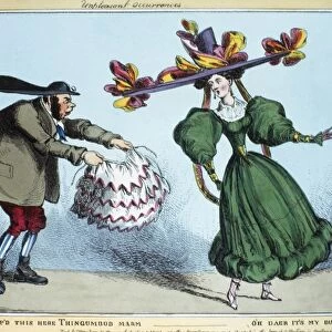 FASHION: BUSTLE, c1830. Unpleasant Occurrences. A woman loses her bustle on a public street