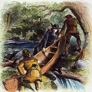 FATHER JACQUES MARQUETTE. Father Jacques Marquette and Louis Jolliet making a portage during their descent of the Mississippi River in 1673. Colored engraving, 19th century