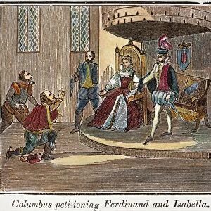 FERDINAND & ISABELLA. Christopher Columbus petitioning King Ferdinand and Queen Isabella of Spain about his proposed voyage: wood engraving, early 19th century