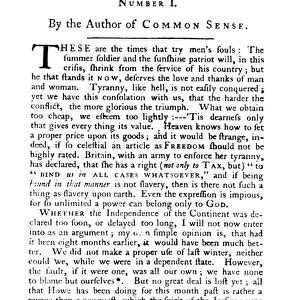 The first printing of Number 1 of Thomas Paines The American Crisis (1776), probably the most eloquent of all the pamphlets written during The times that try mens souls