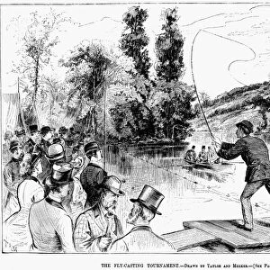 FLY FISHING, 1883. The fly-casting tournament. Line engraving, American, 1883