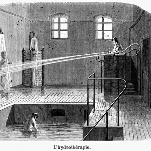 FRANCE: INSANE ASYLUM. Hydrotherapy at the Saint Anne Asylum in Paris, France. Wood engraving, French, 1868