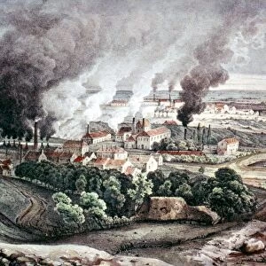 FRANCE: IRON FOUNDRY, 1830. Iron foundry at Creusot, France. Lithograph, French, c1830