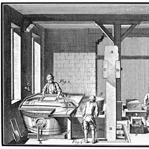 FRANCE: PAPER MANUFACTURE. The heart of an 18th century French paper mill, where sheets of paper are dipped from a vat (Fig. 1) filled almost to the brim with the fibrous mush from the stamping mill. Line engraving, French, 18th century