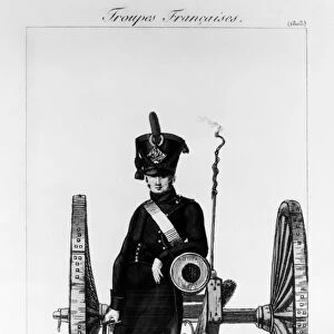 FRANCE: UNIFORM, 1813 An artilleryman in Emperor Napoleons Grand Army. Line engraving, French, 1813
