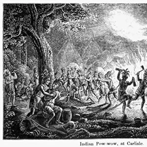 FRANKLIN AT CARLISLE, 1753. Benjamin Franklin watching a powwow while visiting Carlisle, Pennsylvania, for negotiations with Indians of the Six Nations. Wood engraving, American, 1848