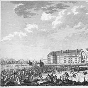 FRENCH REVOLUTION, 1789. Parisians taking up arms at the Place des Invalides on the morning of 14 July 1789, prior to storming the Bastille. French line engraving by Jean-Louis Prieur, early 19th century