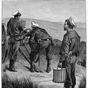 GATLING GUN, 1879. English sailors at Gatling gun practice at Fort Pearson on the Tugela River during the Zulu War in South Africa. Wood engraving, 1879