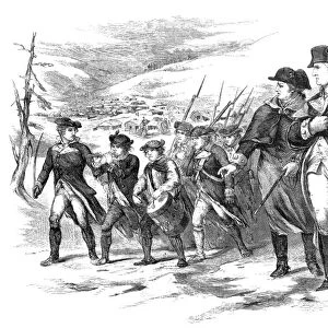General George Washington reviewing Continental Army troops at Valley Forge, Pennsylvania, during the winter of 1777-78. Wood engraving, American, 1856