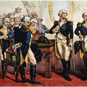 George Washington bids farewell to his generals at Fraunces Tavern in New York City, 4 December 1783. Lithograph, 1876, by Currier & Ives. Altered version shows Washington without a drink in hand in deference to the temperance movement
