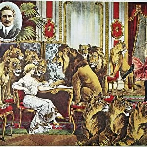 GERMAN CIRCUS POSTER. Lion tamer Alfred Schneider on a German circus poster, c1908
