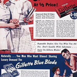 GILLETTE RAZOR AD, 1939. American magazine advertisement, 1939, for Thin Gillette Blades and Gillette Blue Blades