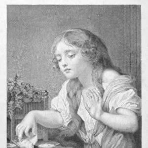 GIRL AND BIRD. The Dead Bird. Steel engraving, American, 19th century, after a painting, c1760, by Jean Baptiste Greuze