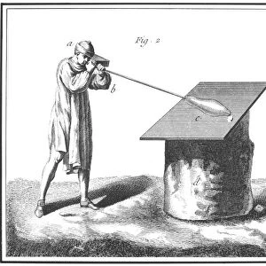 GLASSBLOWING, 18th CENTURY. The glassmaker begins to blow the glass after the second heat. Copper engraving, French, 18th century