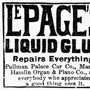 GLUE AD, 1889. American newspaper advertisement, 1889, for LePages liquid glue