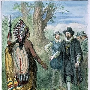 GOVERNOR JOHN WINTHROP of the Massachusetts Bay Colony meeting with a Narragansett Native American warrior, c1631. Wood engraving, c19th century