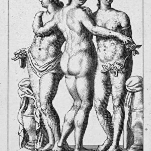 THREE GRACES. Copper engraving, Italian, 18th century, after a sculpture at the Villa Borghese in Rome, Italy