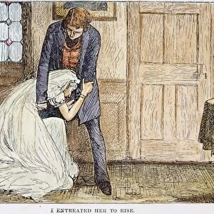 GREAT EXPECTATIONS. I entreated her to rise. Pip (Philip Pirip) attempts to comfort Miss Havisham in Great Expectations by Charles Dickens. Wood engraving, 19th century