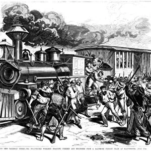 GREAT RAILROAD STRIKE, 1877. Striking railroad workers dragging firemen and engineers from a Baltimore freight train at Martinsburg, West Virginia, 17 July 1877. Contemporary American wood engraving