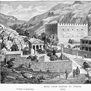 GREECE: ROAD TO ATHENS. Road from Eleusis to Athens. Temple of Aphrodite is shown at left. Wood engraving, late 19th century, after a drawing by Johann Rudolf B├╝hlmann