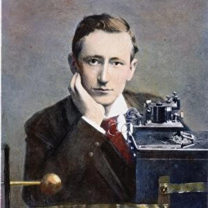 GUGLIELMO MARCONI (1874-1937) with his coherer radio receiver: oil over a photograph