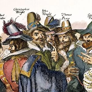 GUY FAWKES (1570-1606). Fawkes (third from right) and the Gunpowder Plot conspirators. Etching, 1605