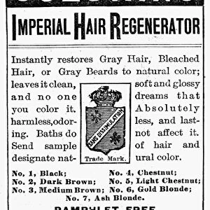 HAIR COLORING, 1887. American magazine advertisement, 1887