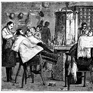 Hairdressing saloon in New York City. Engraving, 1882