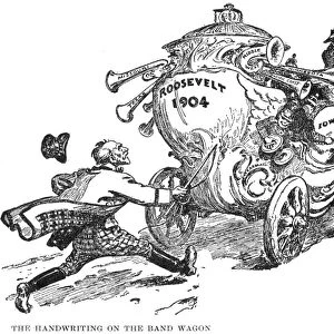 The Handwriting on the Band Wagon. Already supported by many western states, President Theodore Roosevelt heads full speed for victory in the 1904 election, leaving behind Republican Senator Thomas Collier Platt, no longer in control. American cartoon, 1902
