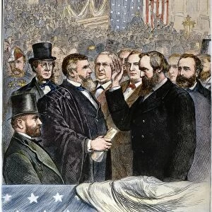 HAYES INAUGURATION The inauguration of Rutherford B. Hayes as the 19th President of the United States on 4 March 1877: contemporary colored engraving