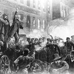 THE HAYMARKET RIOT, 1886. Riot at the meeting at Haymarket Square, Chicago, Illinois, 4 May 1886. Wood engraving from a contemporary American newspaper