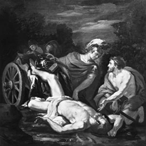 HECTOR AND ACHILLES. Hector dead with Achilless chariot